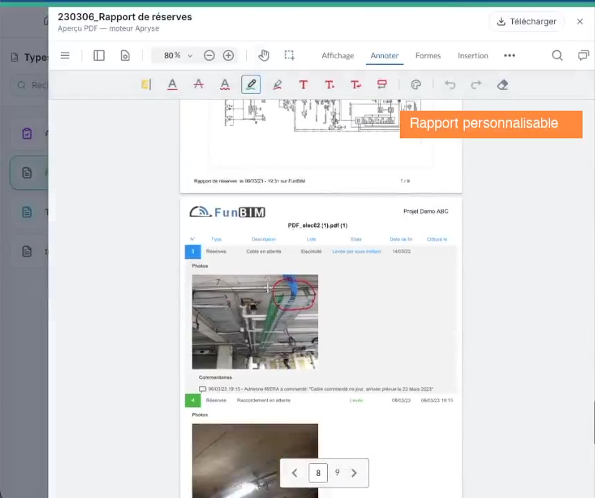 FunBIM: site report generated with cover page, photos and progress
