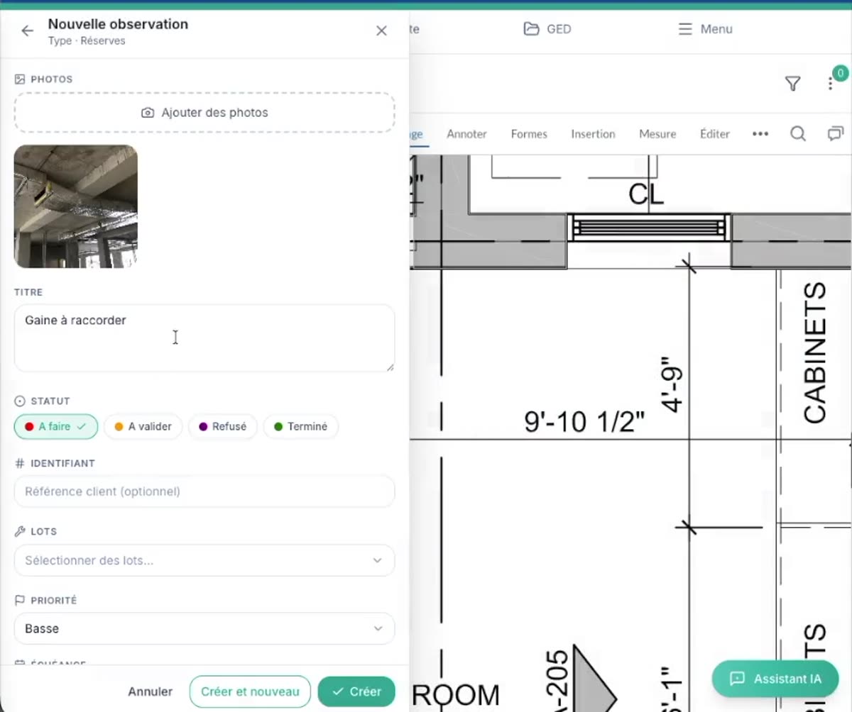 FunBIM: punch list item pinned on the drawing with photo and status